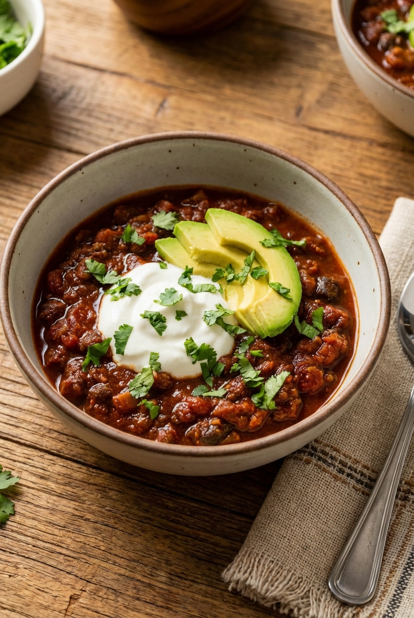 A bowl of chili topped with Greek yogurt, avocado, and cilantro