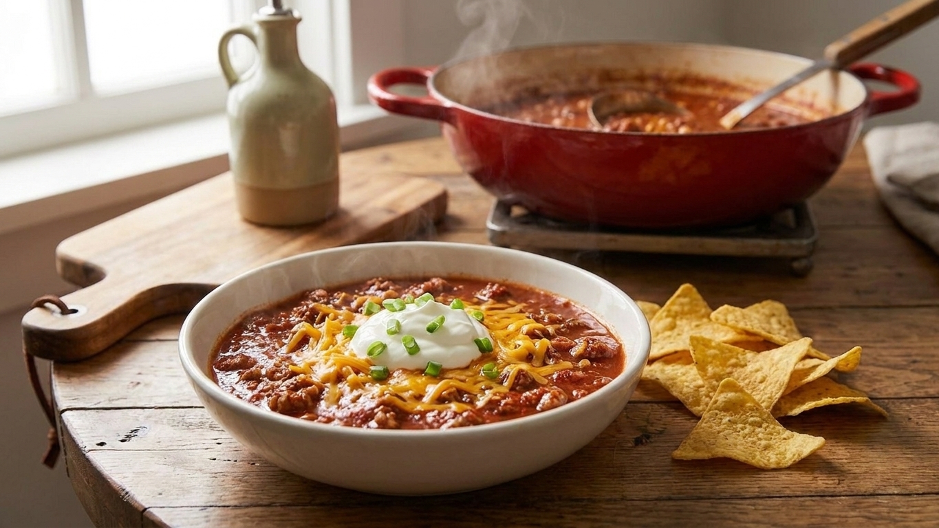A bowl of chili topped with shredded cheddar and a dollop of sour cream on a simple dinner table with tortilla chips nearby