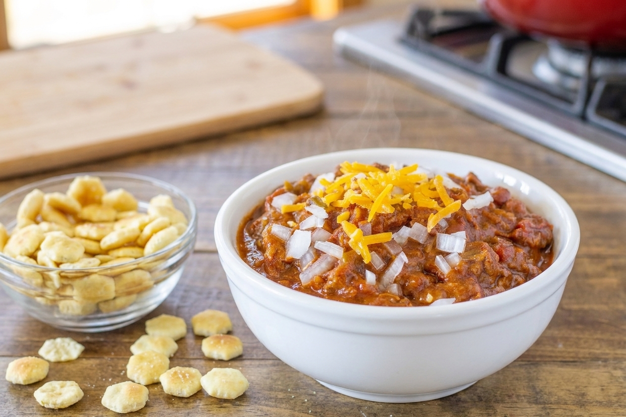 A bowl of chili topped with shredded cheddar and chopped onion on a cozy kitchen table with crackers on the side