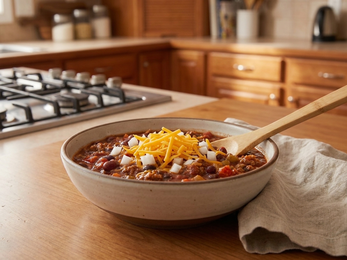 A bowl of chili topped with shredded cheddar and chopped white onion on a simple table setting with a spoon and napkin