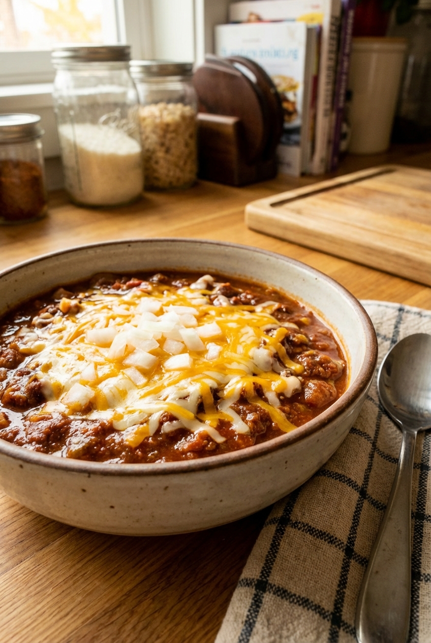 A bowl of chili topped with shredded cheese and chopped onions on a kitchen counter