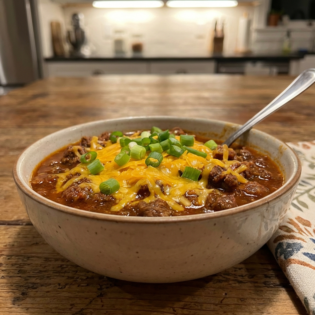A bowl of chili topped with shredded cheese and chopped green onions