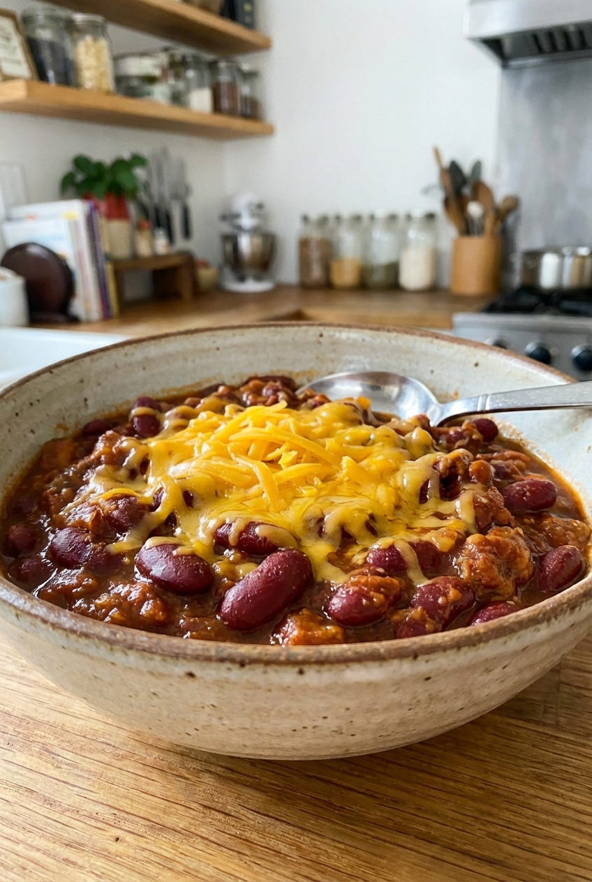 A bowl of chili with beans and shredded cheese on top