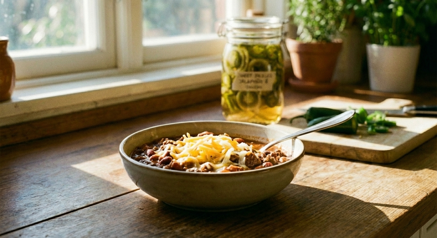 A bowl of chili with shredded cheese and a spoon