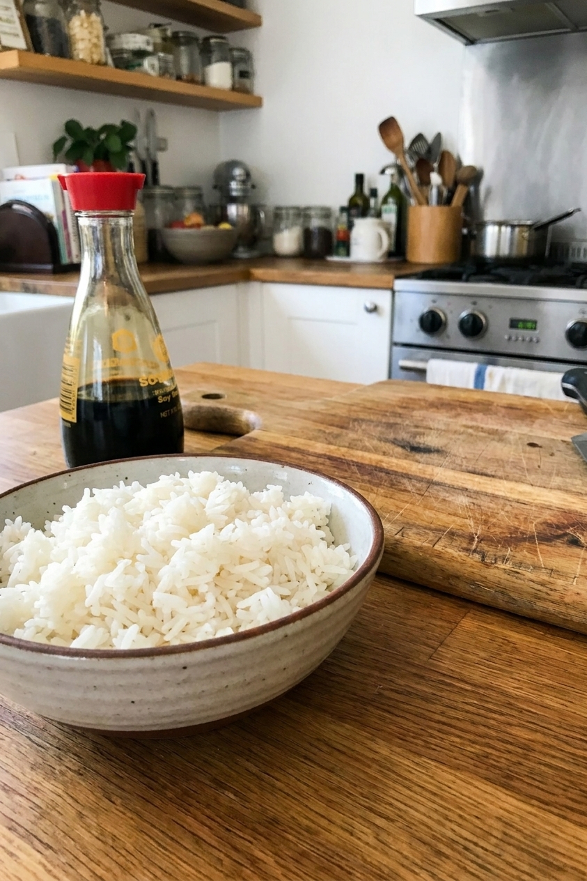 A bowl of chilled day-old white rice with separated grains on a kitchen counter next to a cutting board and soy sauce