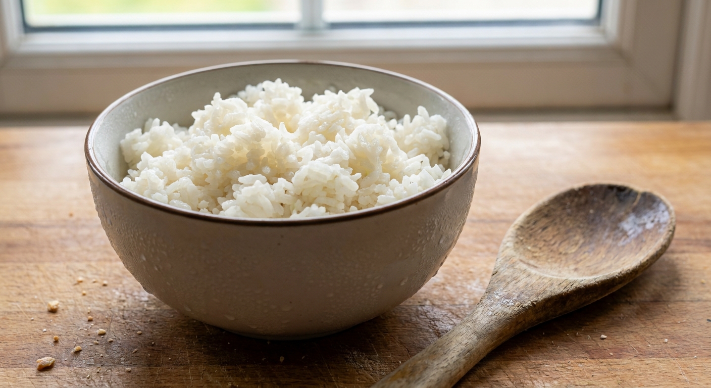 A bowl of chilled leftover white rice with separated grains sitting on a kitchen counter next to a wooden spoon, close-up photo