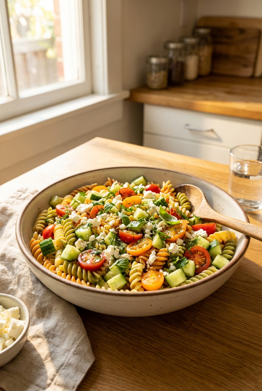 A bowl of chilled pasta salad with rotini, cucumber, cherry tomatoes, feta, and fresh herbs on a sunlit kitchen table