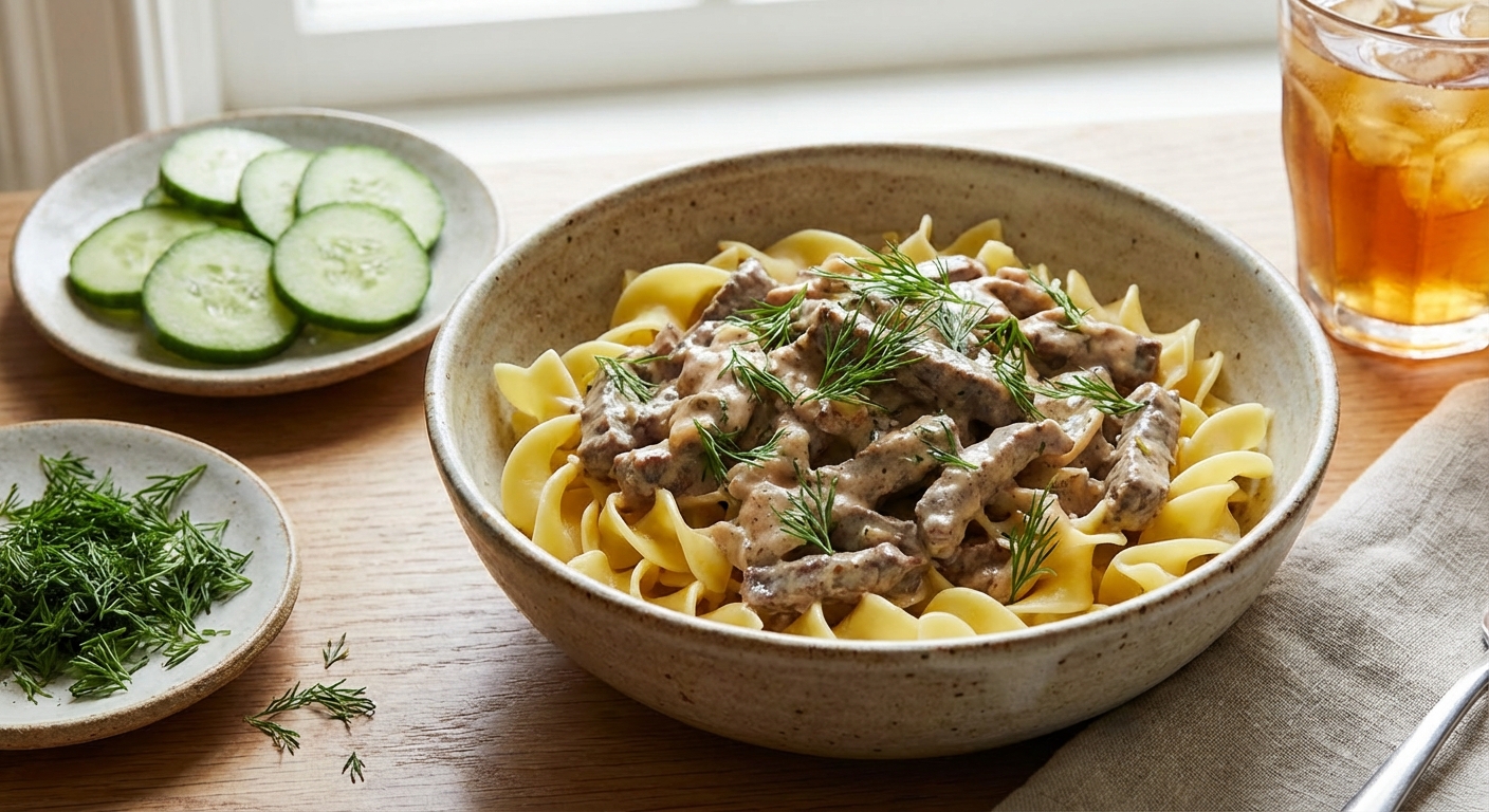 A bowl of chilled steak stroganoff over egg noodles with sliced cucumbers and fresh dill on the side