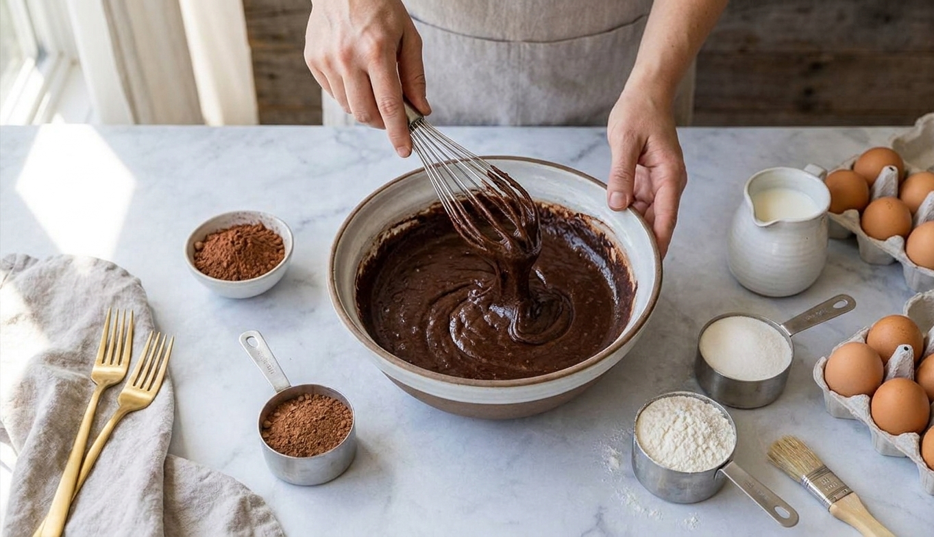 A bowl of chocolate cake batter being whisked on a kitchen counter, with cocoa powder and measuring cups nearby