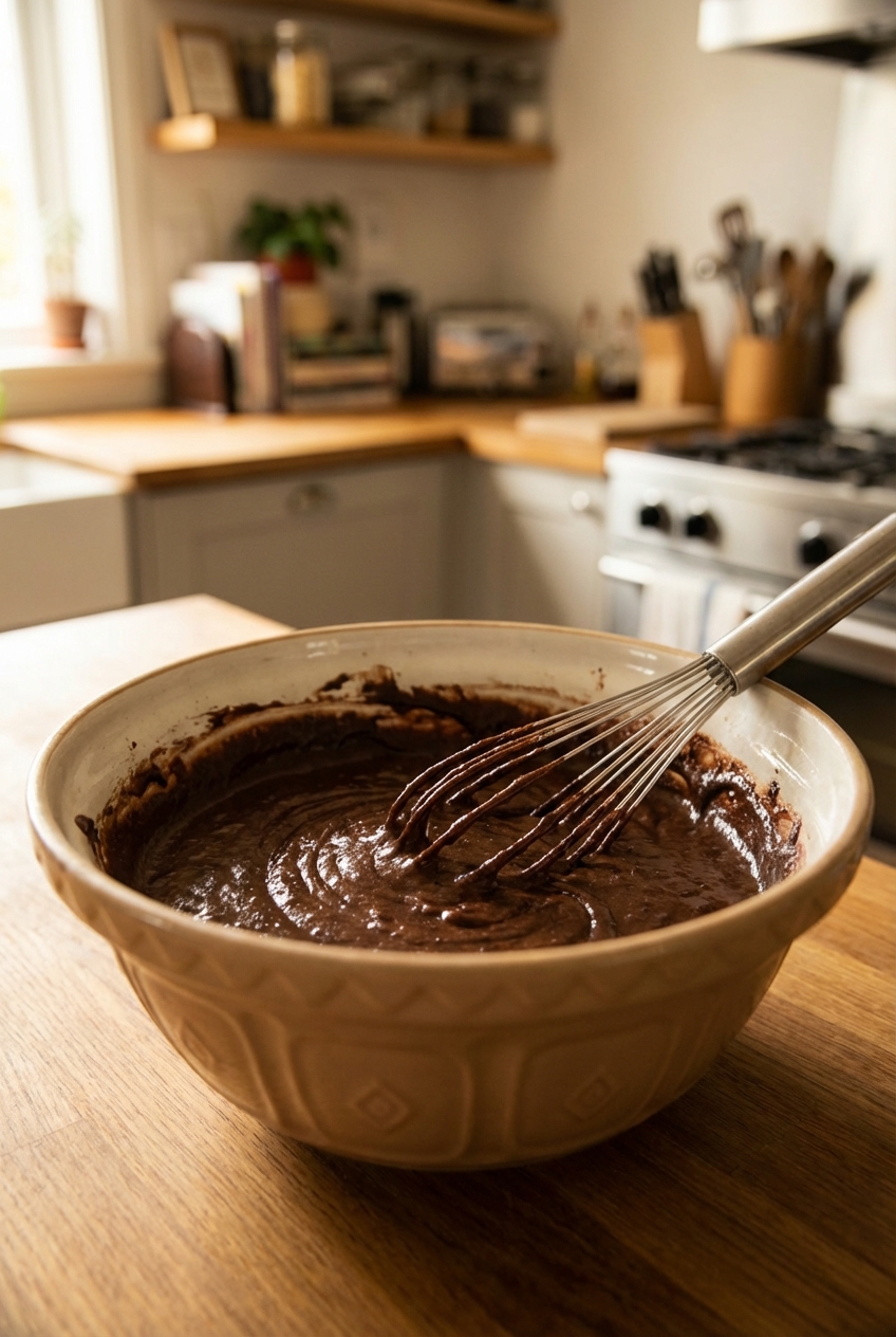 A bowl of chocolate cake batter with a whisk resting inside on a kitchen counter