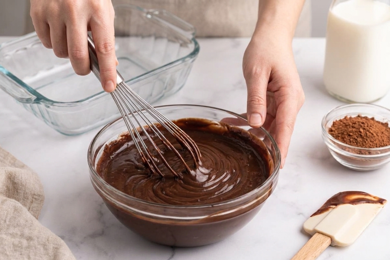 A bowl of chocolate pudding being whisked until smooth on a kitchen counter