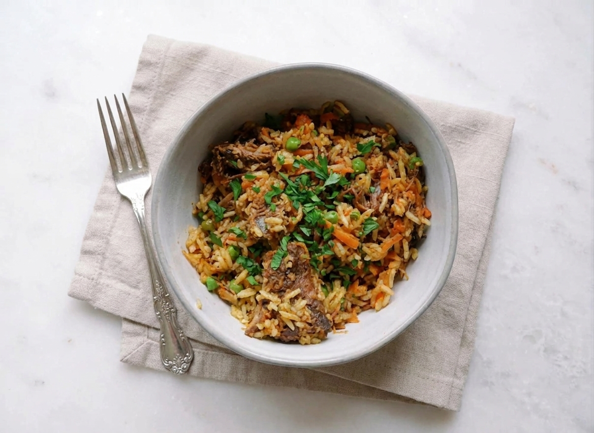 A bowl of chop meat and rice garnished with chopped parsley on a simple dinner table setting with a fork and napkin