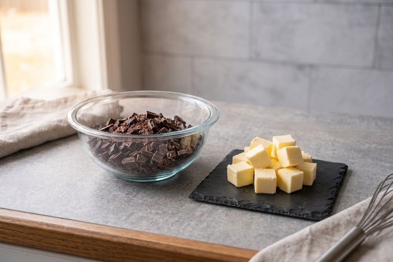 A bowl of chopped dark chocolate with cubes of butter beside it on a kitchen counter, ready for melting