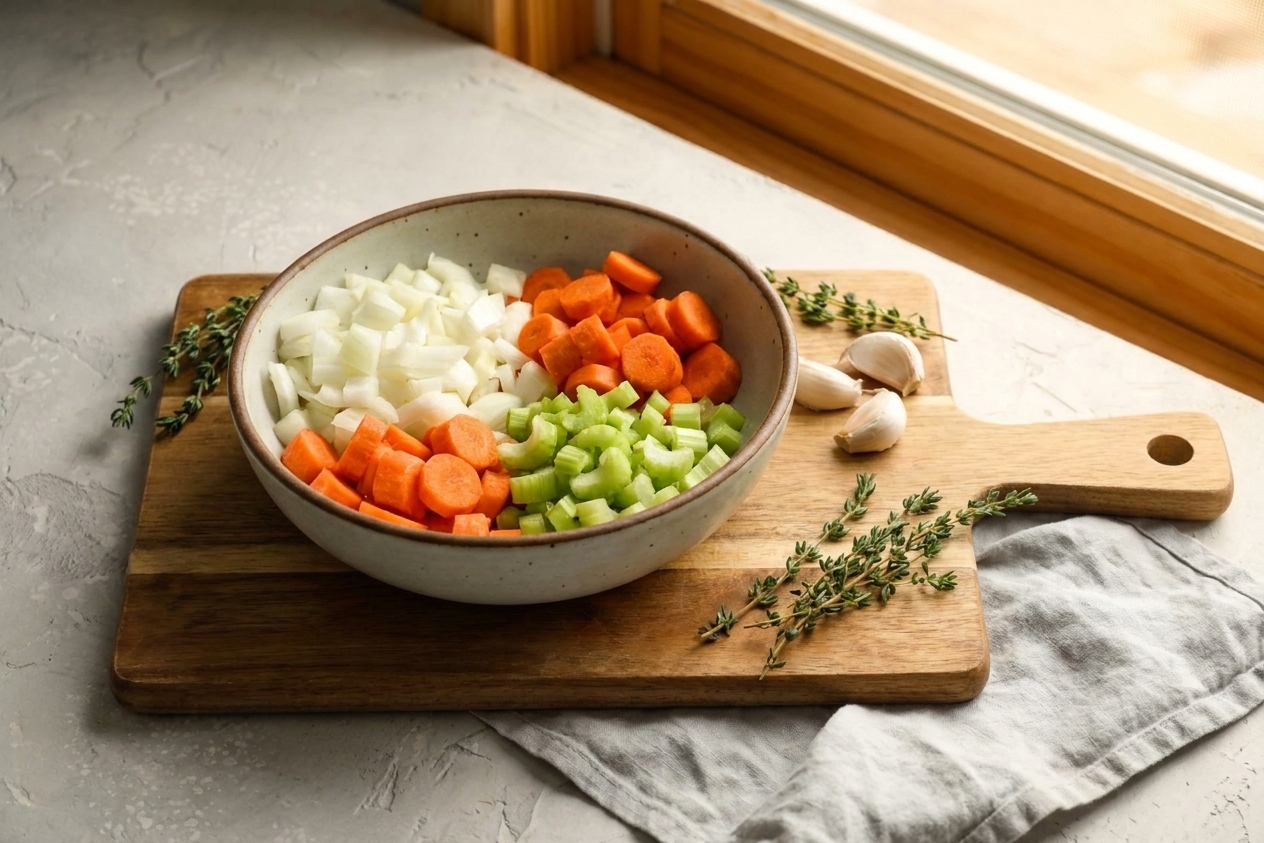 A bowl of chopped onion, carrots, and celery on a wooden cutting board with garlic cloves nearby in a warmly lit kitchen