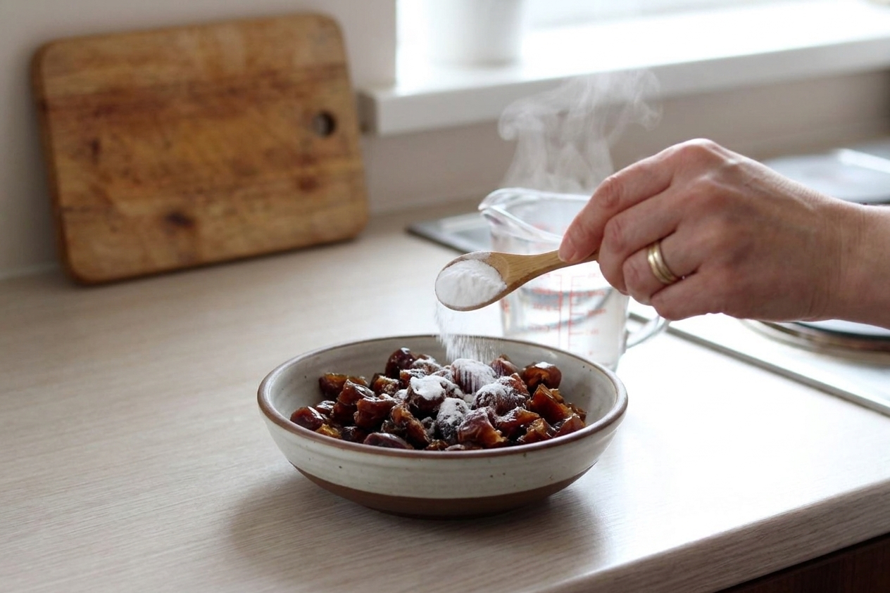 A bowl of chopped pitted dates with baking soda being poured over them, sitting on a light stone kitchen counter next to a measuring cup of hot water