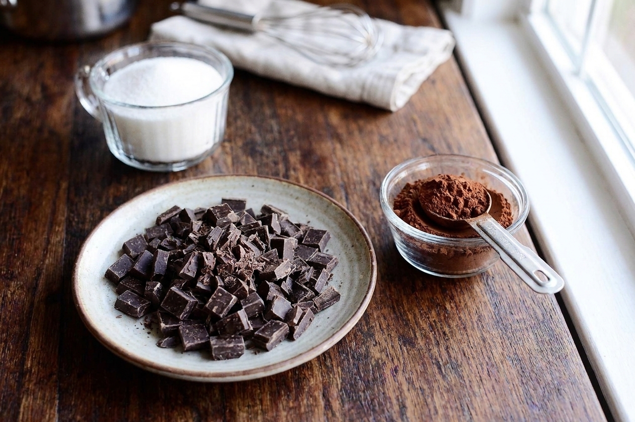 A bowl of chopped semisweet chocolate next to cocoa powder and measured sugar on a kitchen counter