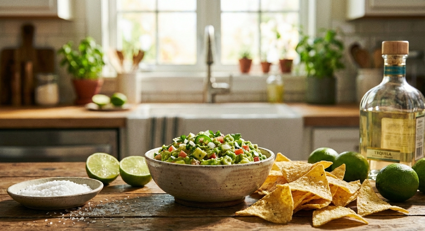 A bowl of chunky fresh guacamole with tortilla chips on a table
