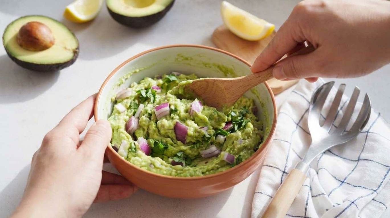 A bowl of chunky guacamole being folded with a spoon, with visible pieces of red onion and cilantro on a kitchen counter