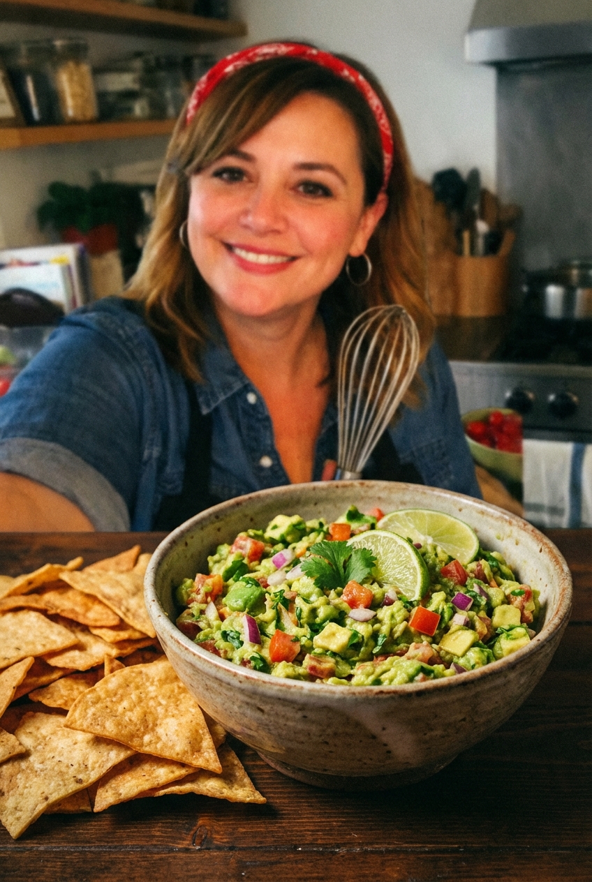 A bowl of chunky guacamole with tortilla chips on a table