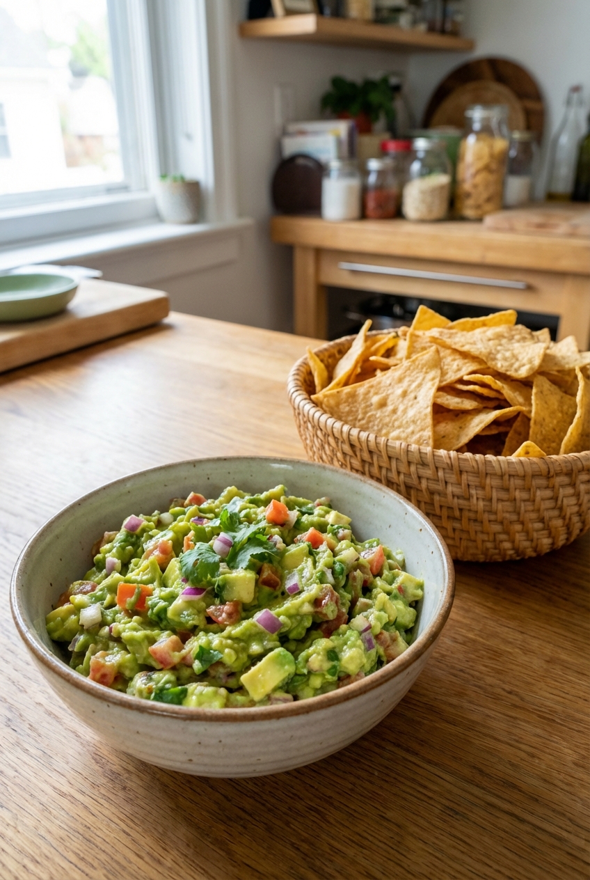 A bowl of chunky guacamole with tortilla chips on the side