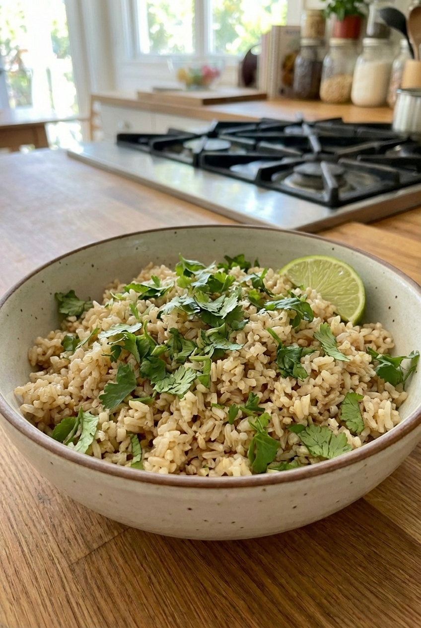 A bowl of cilantro lime brown rice with fresh cilantro