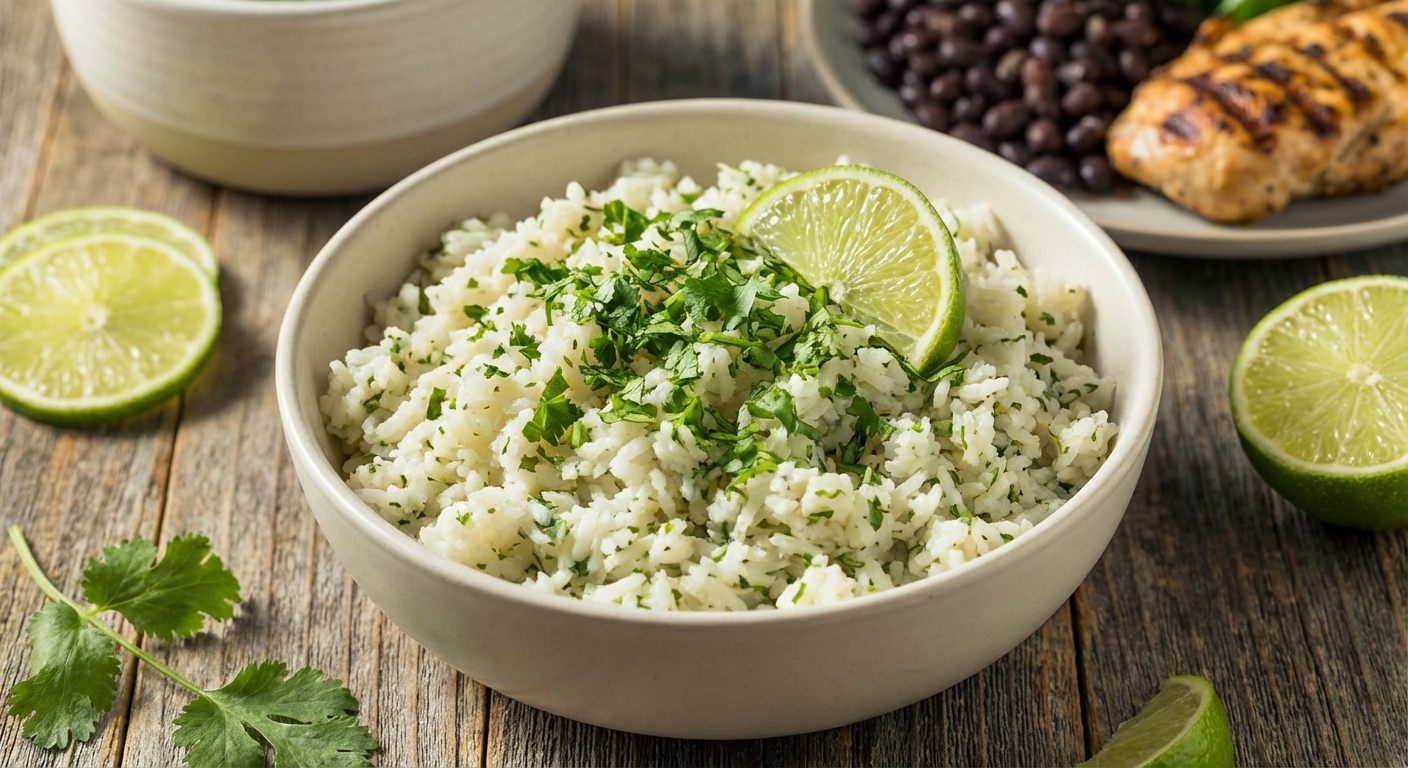A bowl of cilantro lime rice topped with chopped cilantro and a lime wedge