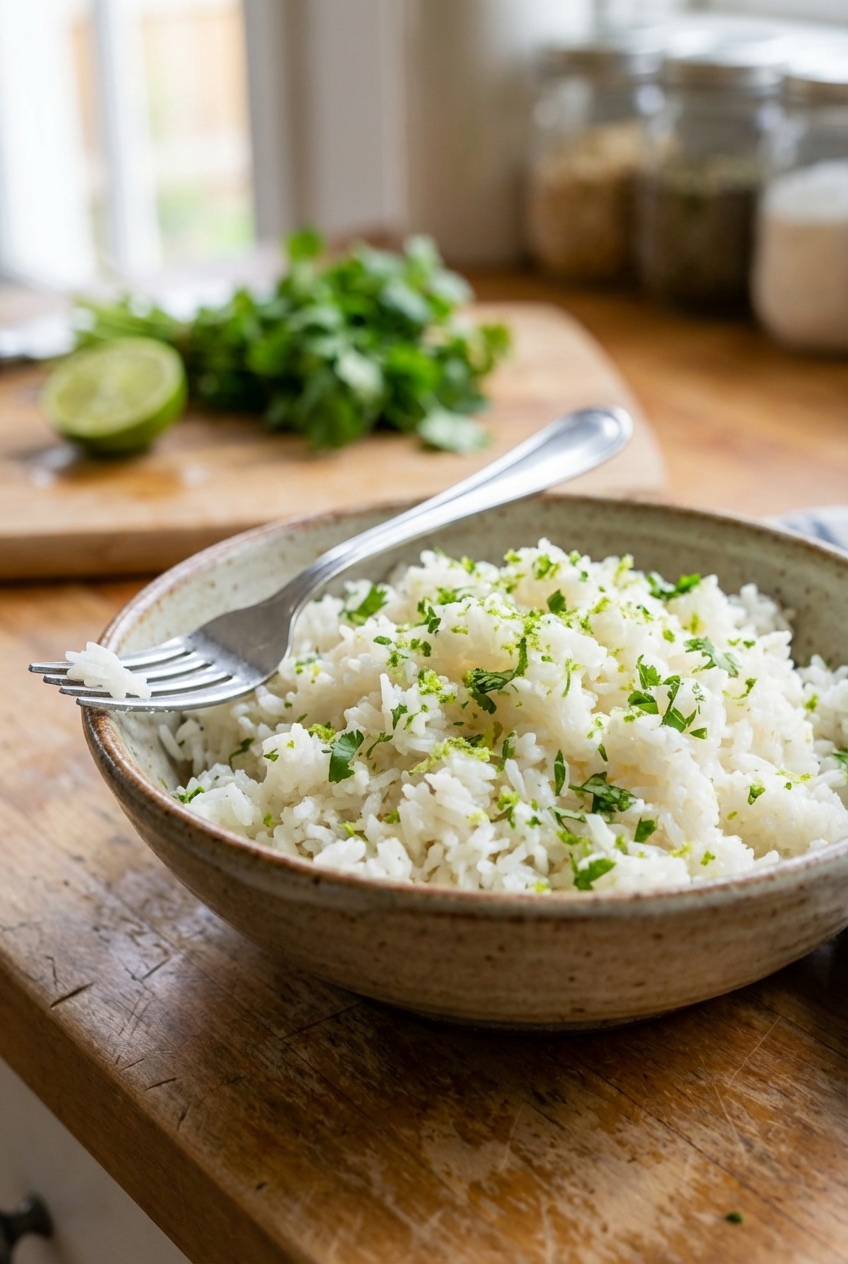 A bowl of cilantro lime rice with a fork resting on the rim