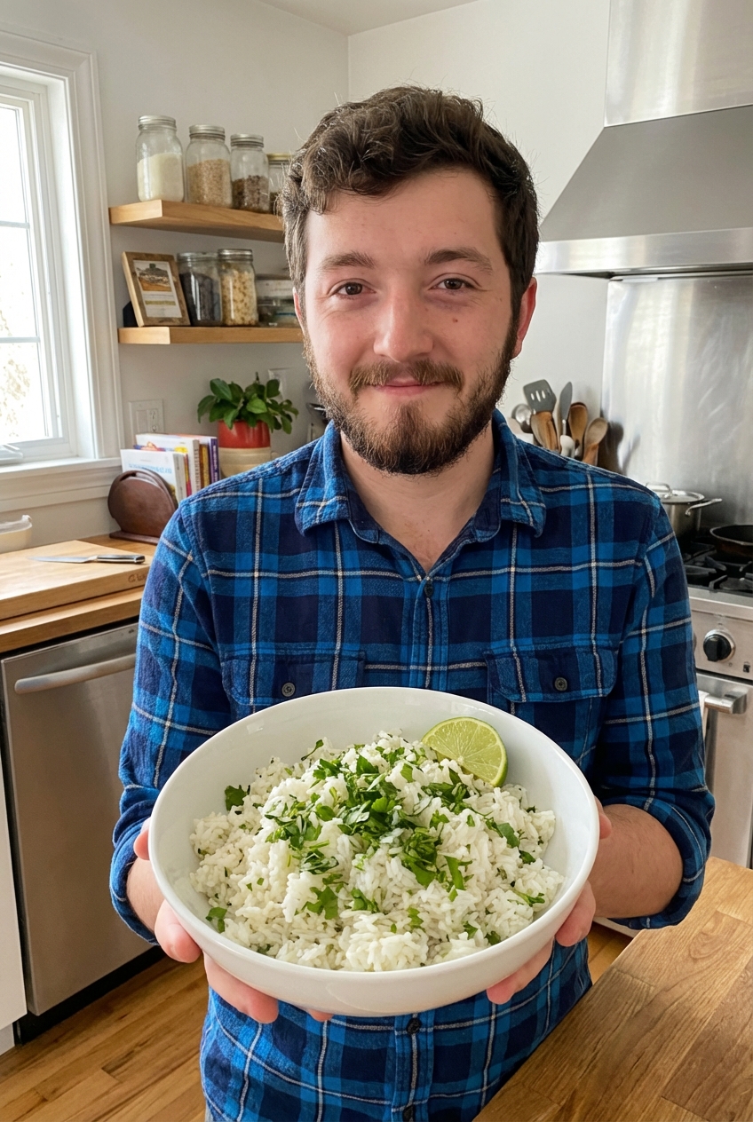 A bowl of cilantro lime rice with a lime wedge and chopped cilantro