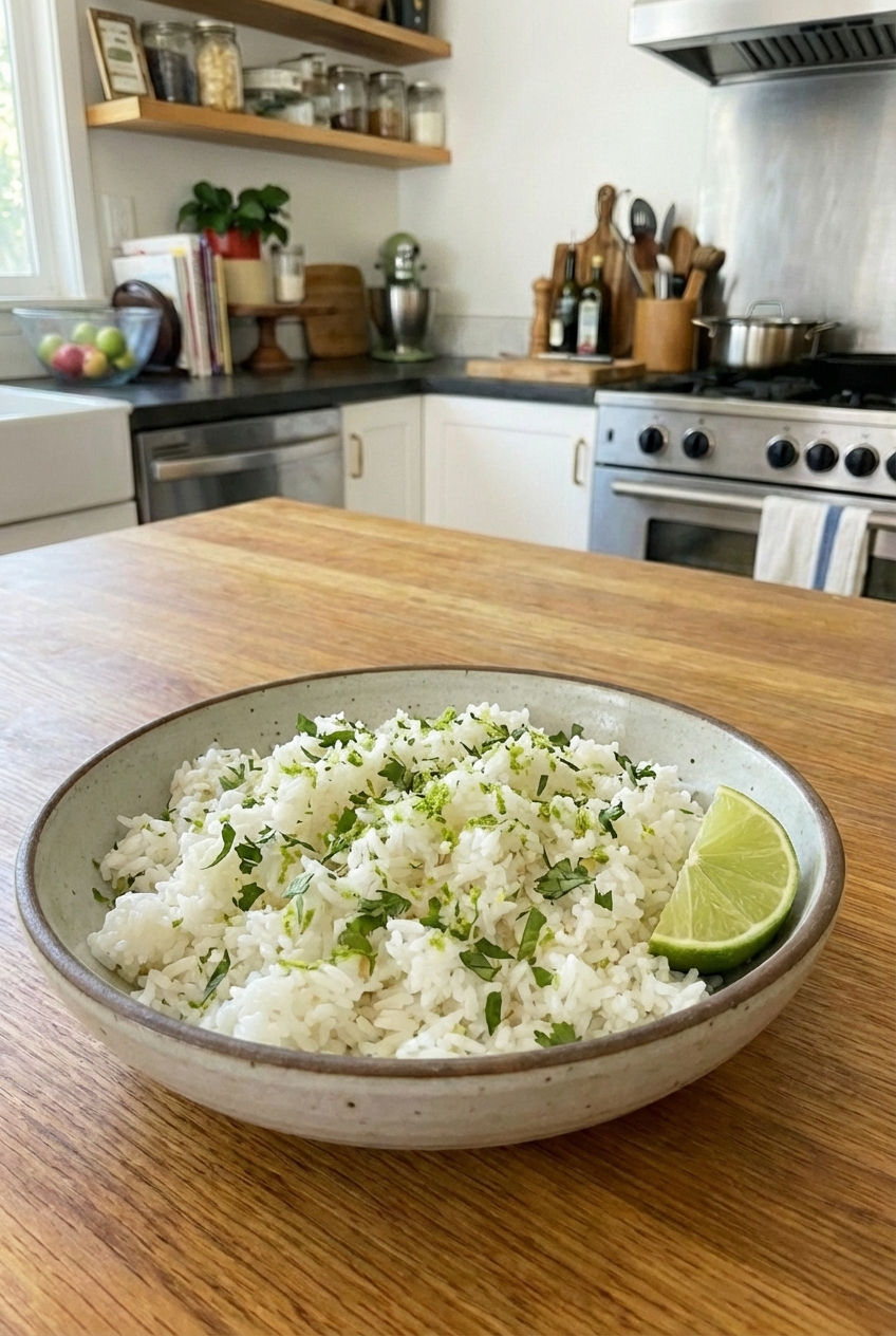 A bowl of cilantro lime rice with a lime wedge and chopped cilantro