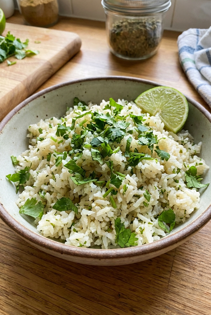 A bowl of cilantro lime rice with chopped cilantro and a lime wedge