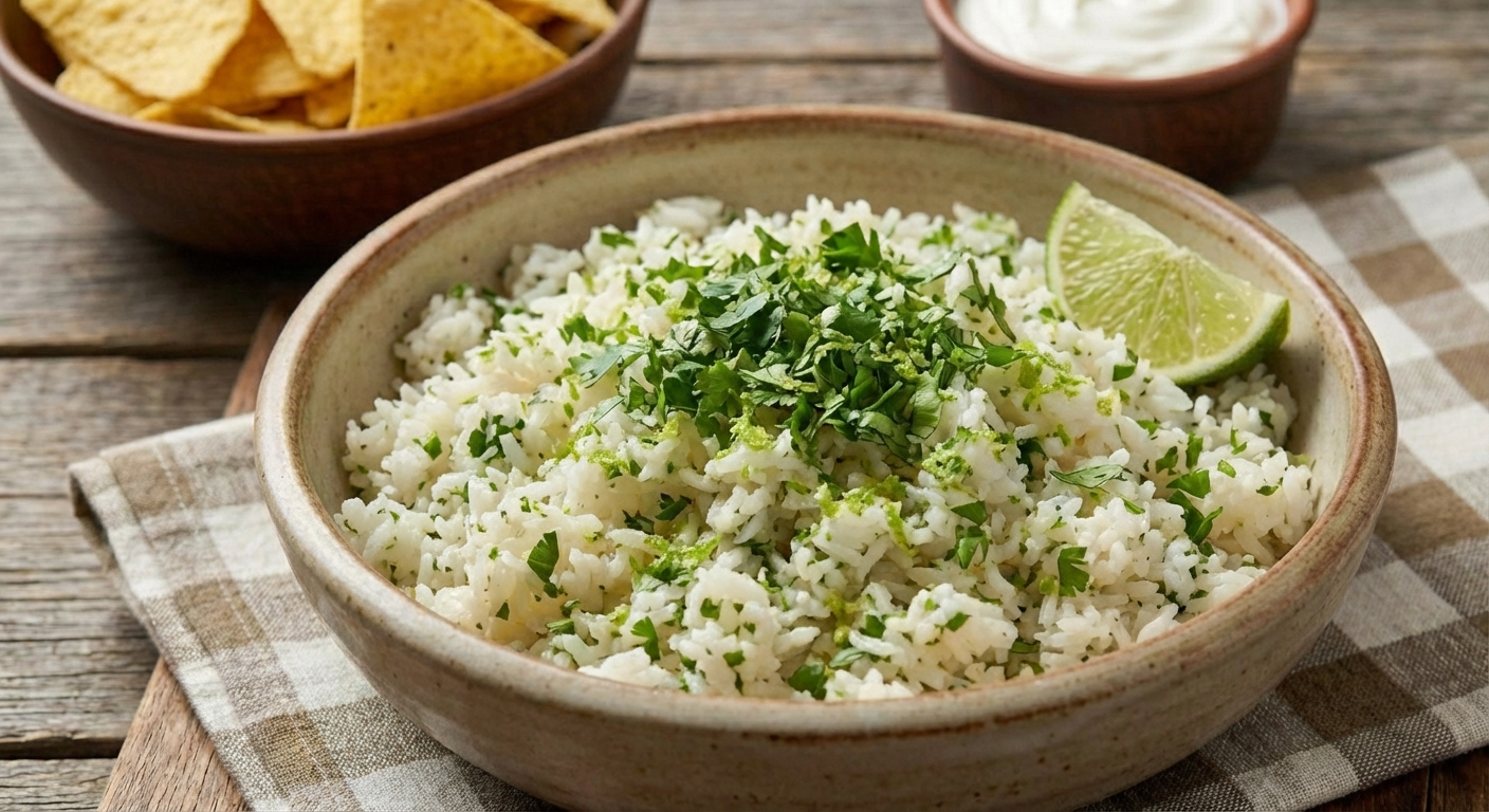 A bowl of cilantro lime rice with chopped cilantro and a lime wedge