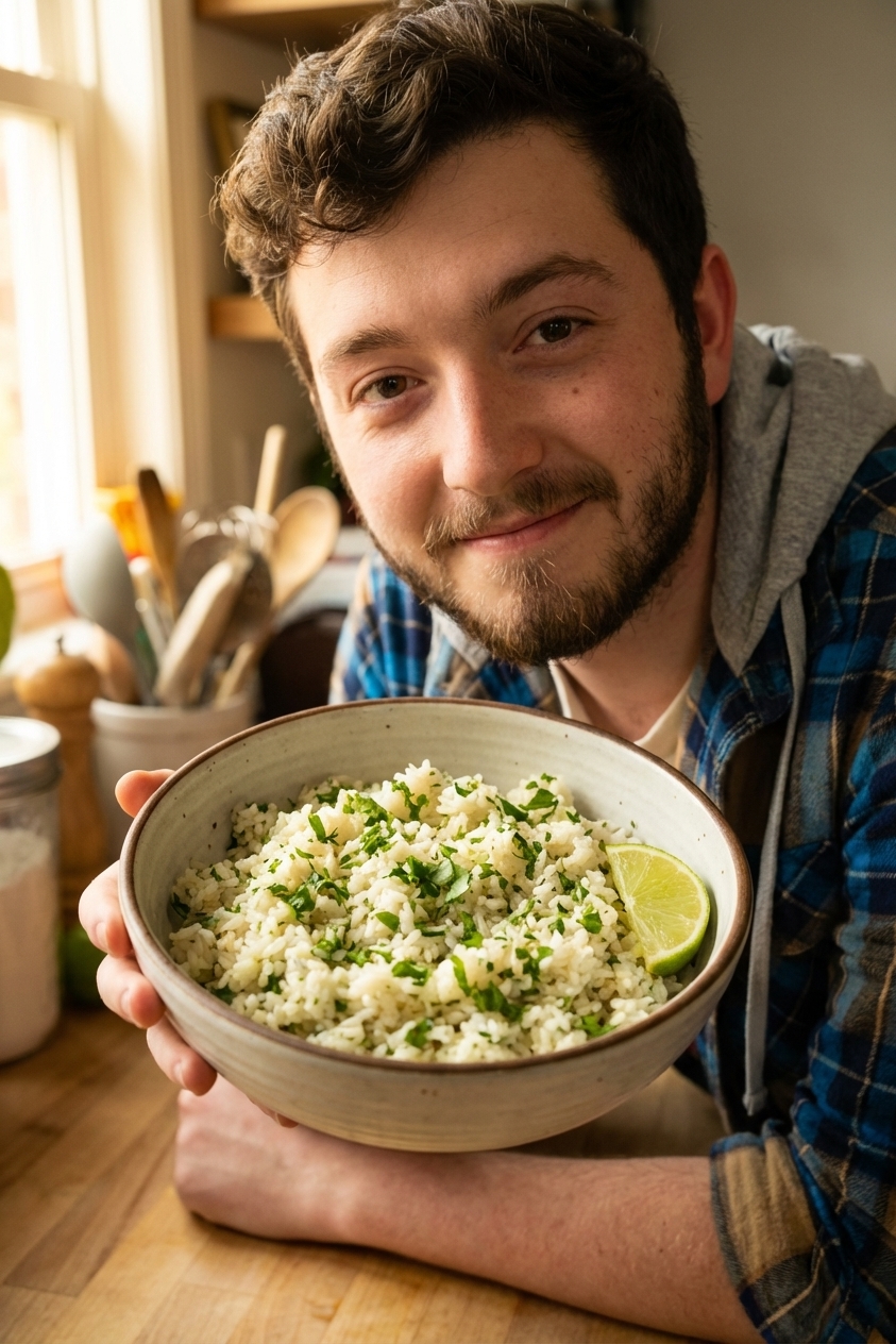 A bowl of cilantro lime rice with chopped cilantro and a lime wedge