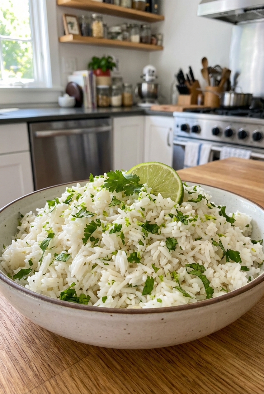 A bowl of cilantro lime rice with fluffy grains and chopped cilantro