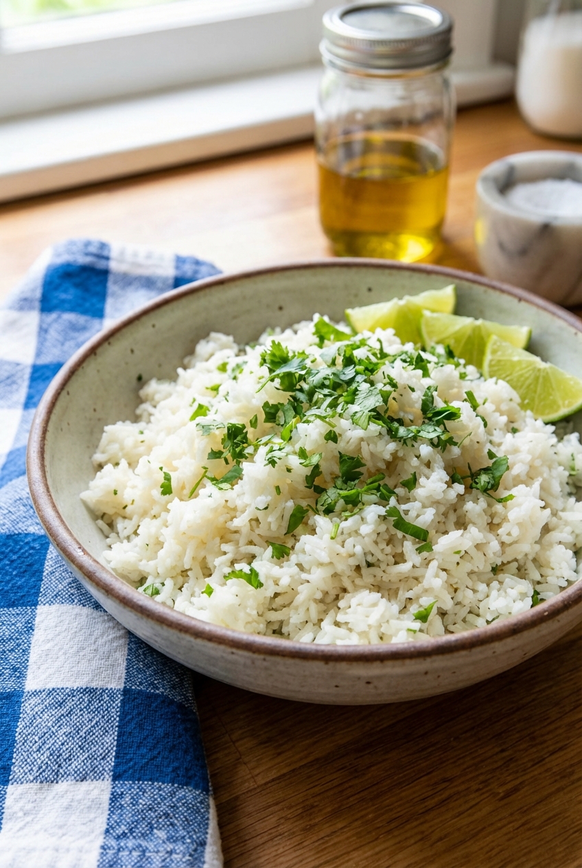A bowl of cilantro lime rice with fresh cilantro and lime wedges
