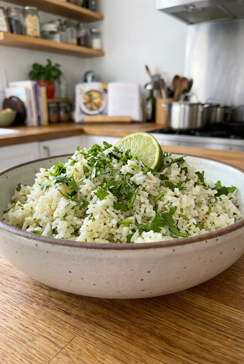 A bowl of cilantro lime rice with fresh cilantro on top