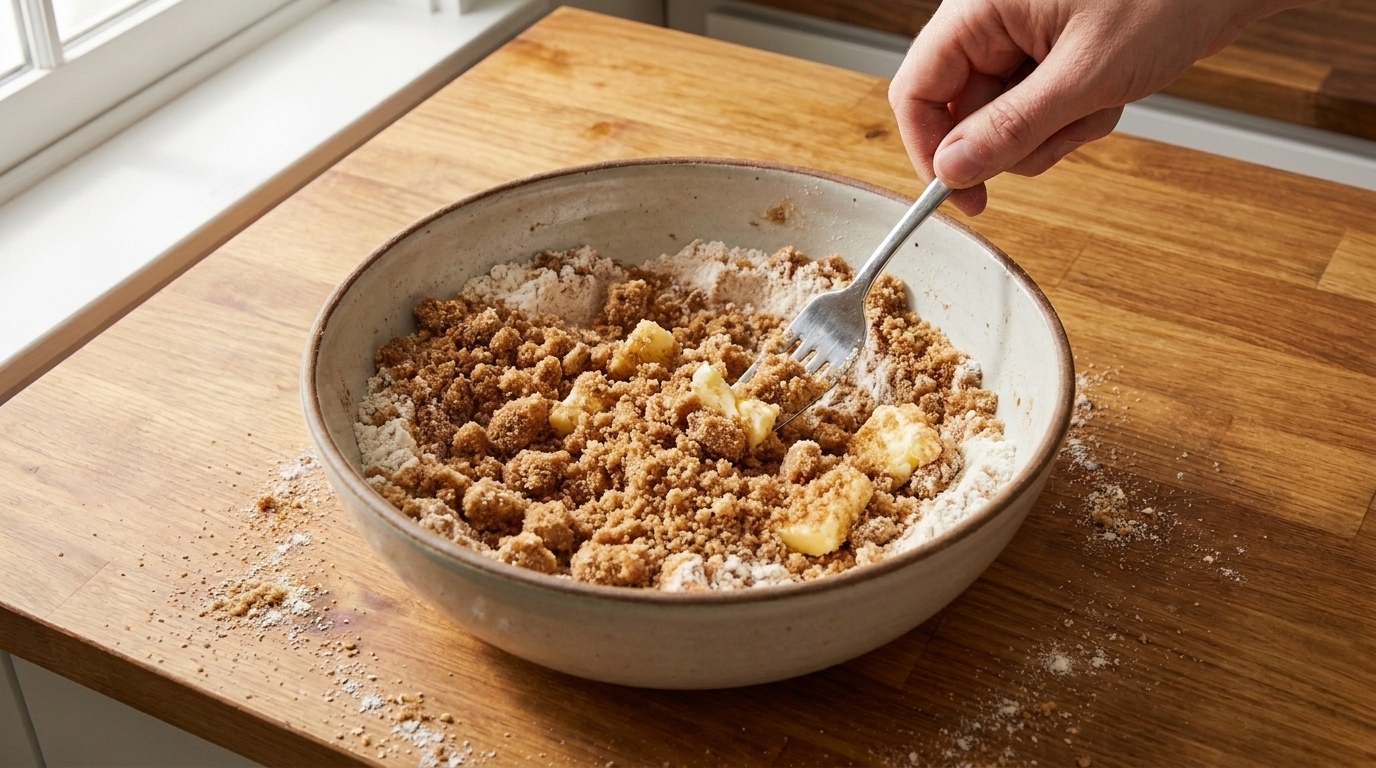 A bowl of cinnamon brown sugar streusel being mixed with a fork until crumbly