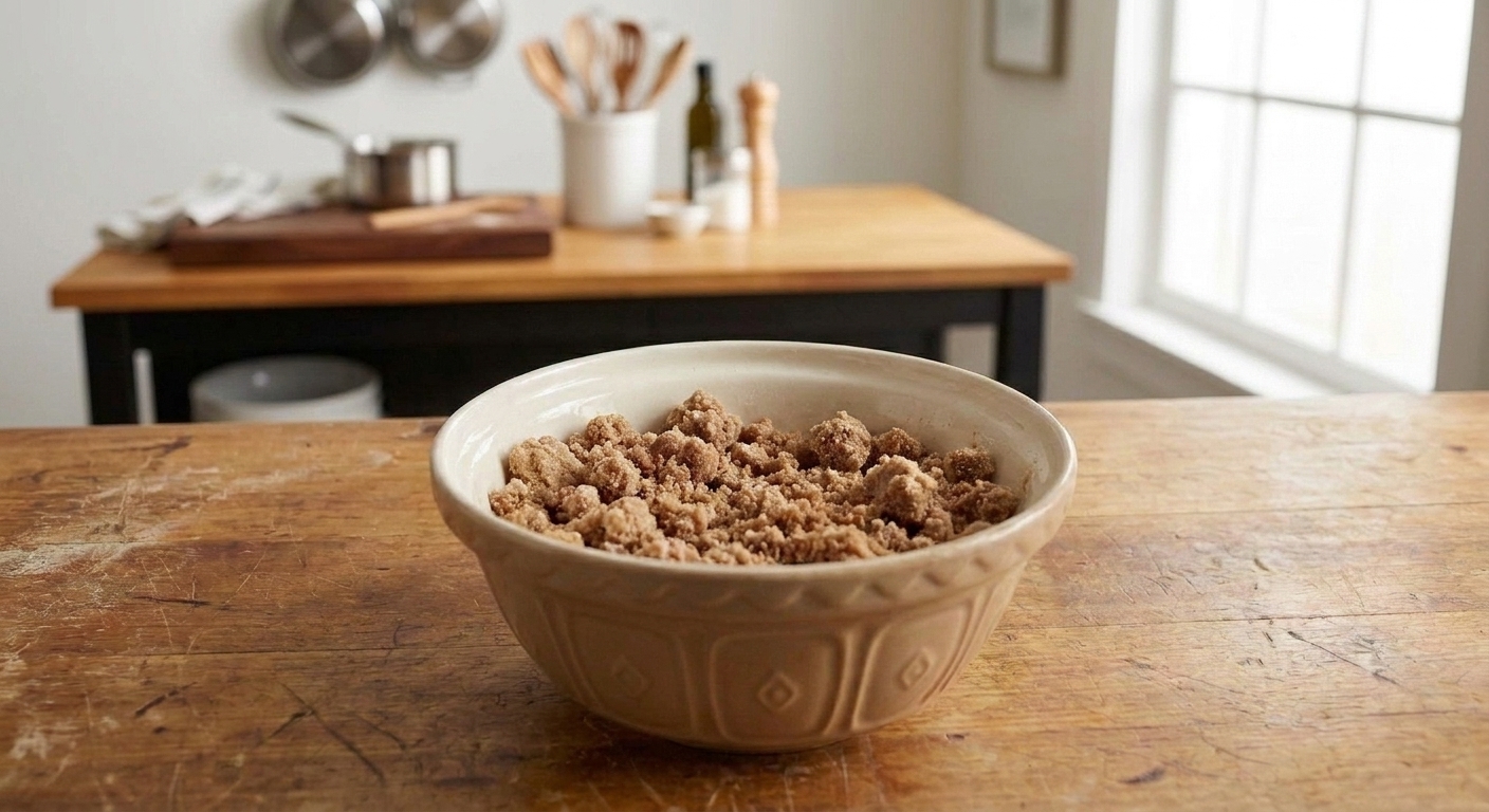 A bowl of cinnamon brown sugar streusel with butter mixed in, showing a crumbly texture on a kitchen counter