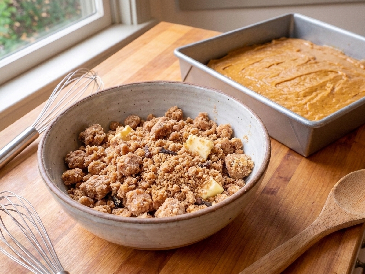 A bowl of cinnamon brown sugar streusel with visible butter pieces, ready to sprinkle over batter on a kitchen counter