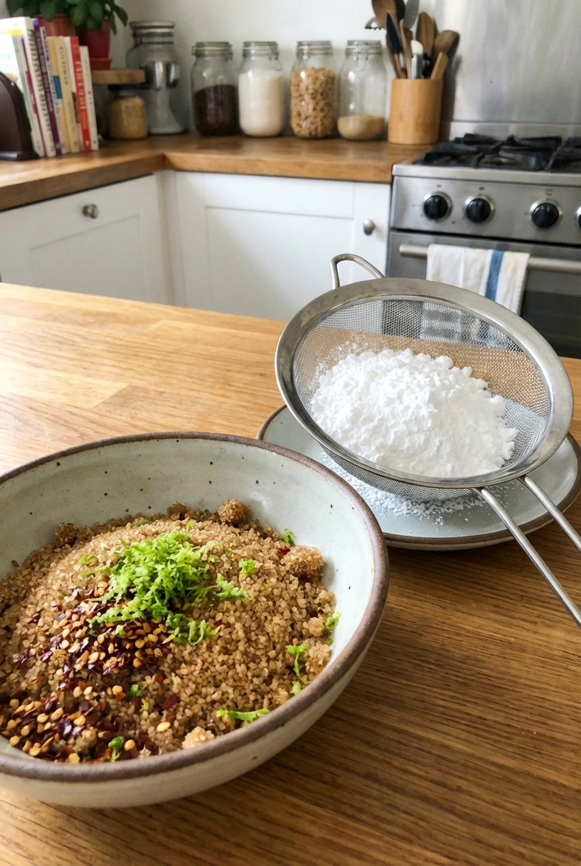 A bowl of cinnamon-chile sugar with lime zest and a sieve of powdered sugar next to it