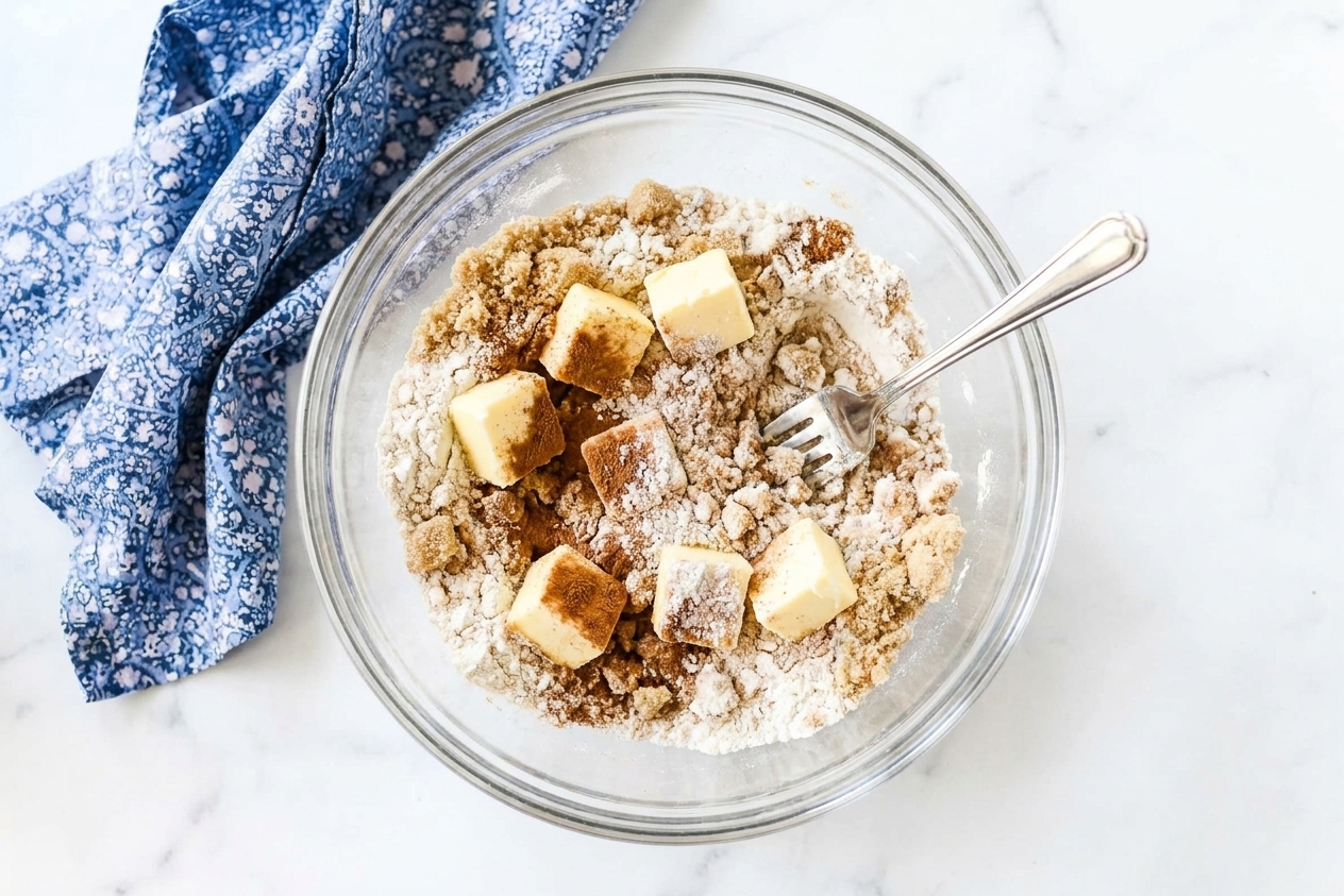 A bowl of cinnamon streusel mixture with visible cold butter pieces and a fork nearby
