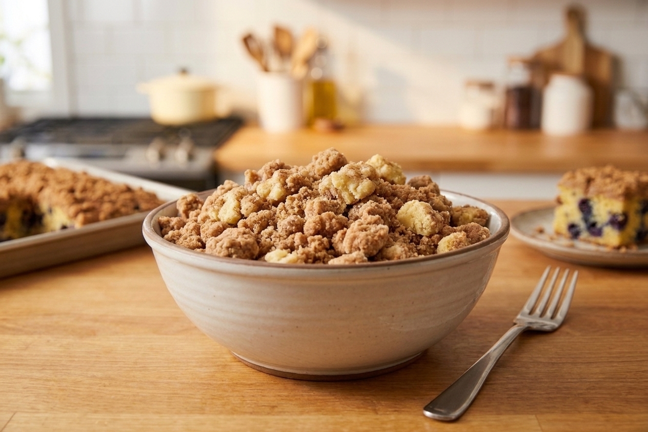 A bowl of cinnamon streusel with visible buttery clumps, sitting on a kitchen counter next to a fork