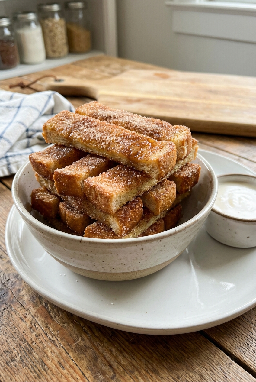 A bowl of cinnamon sugar toast sticks stacked on a plate
