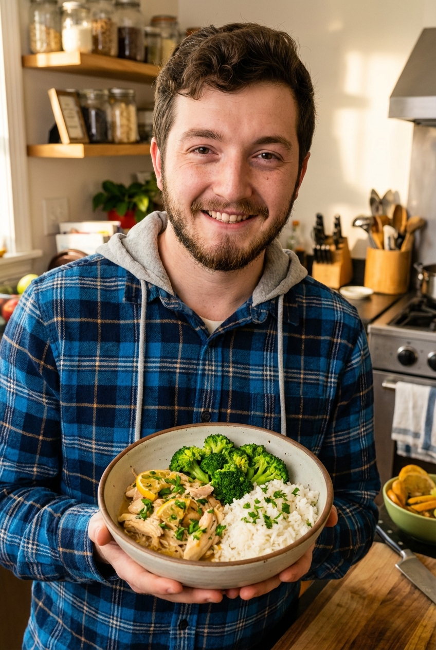 A bowl of citrus crockpot chicken served over rice with broccoli and a sprinkle of parsley
