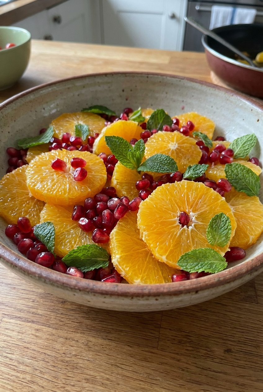 A bowl of citrus salad with orange slices, pomegranate seeds, and mint