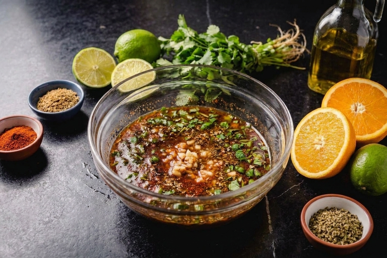 A bowl of citrusy marinade surrounded by limes, oranges, cilantro, and spices on a kitchen counter
