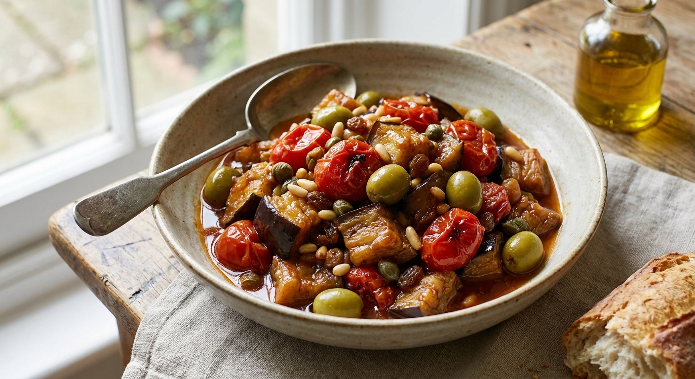 A bowl of classic Sicilian caponata with tender eggplant, tomato, green olives, and capers, glossy sweet-sour sauce, and a spoon resting on the side, natural window light