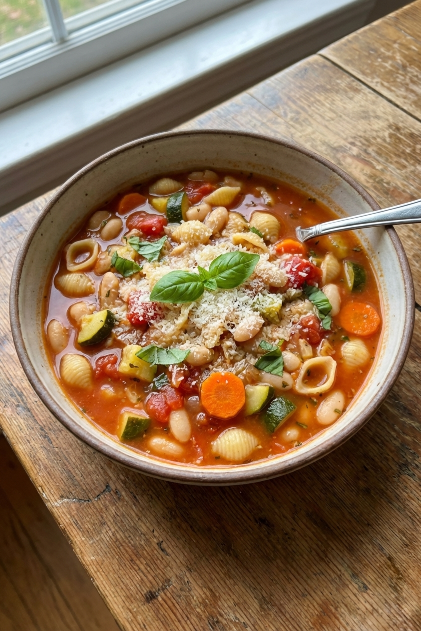 A bowl of classic minestrone soup with pasta, white beans, zucchini, carrots, and tomatoes, topped with grated Parmesan and fresh basil on a wooden table