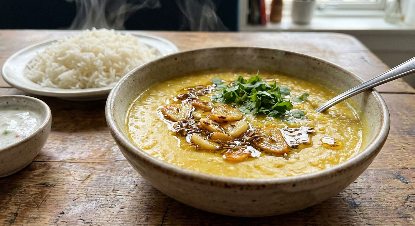 A bowl of classic yellow lentil dal topped with sizzling cumin and garlic, served with rice and cilantro on a wooden table
