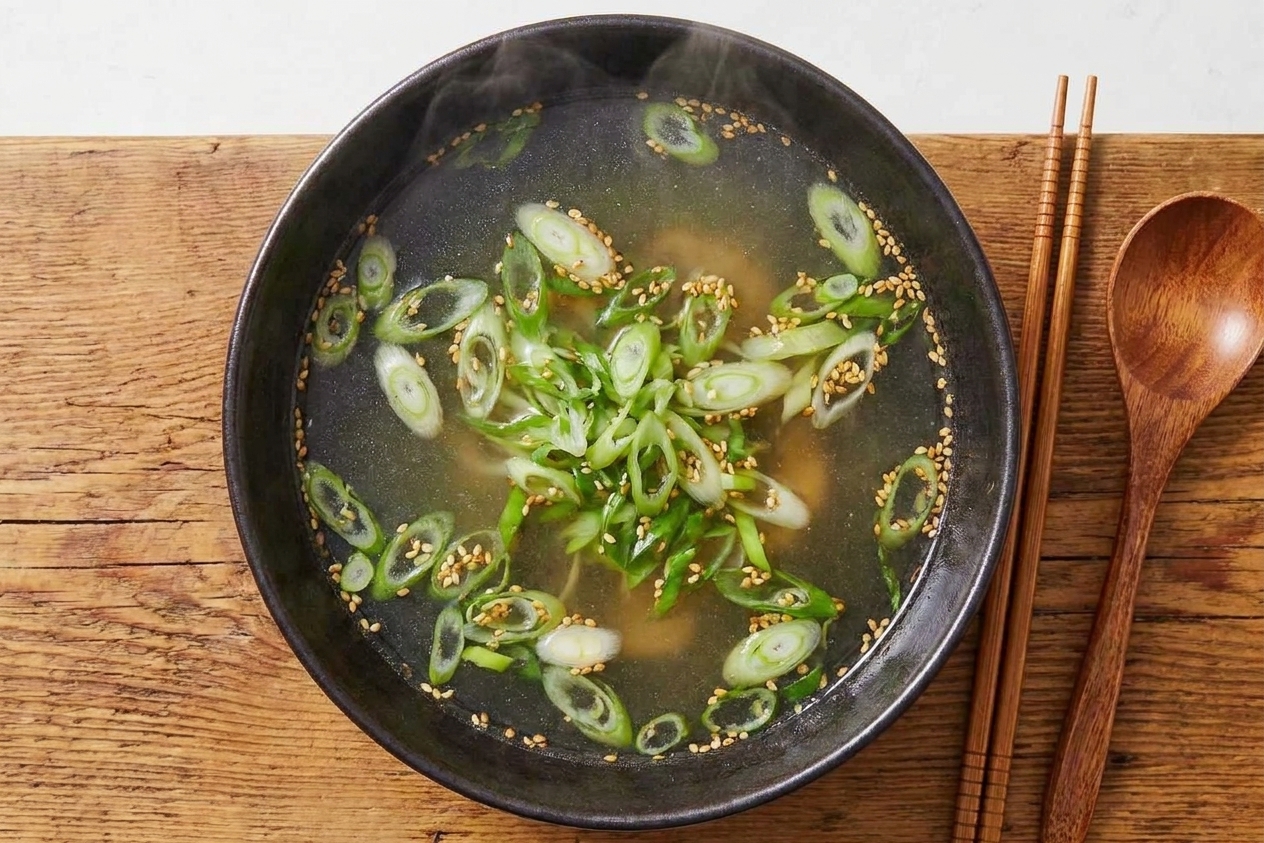 A bowl of clear soup garnished with scallions and sesame seeds on a simple table setting with chopsticks and a spoon