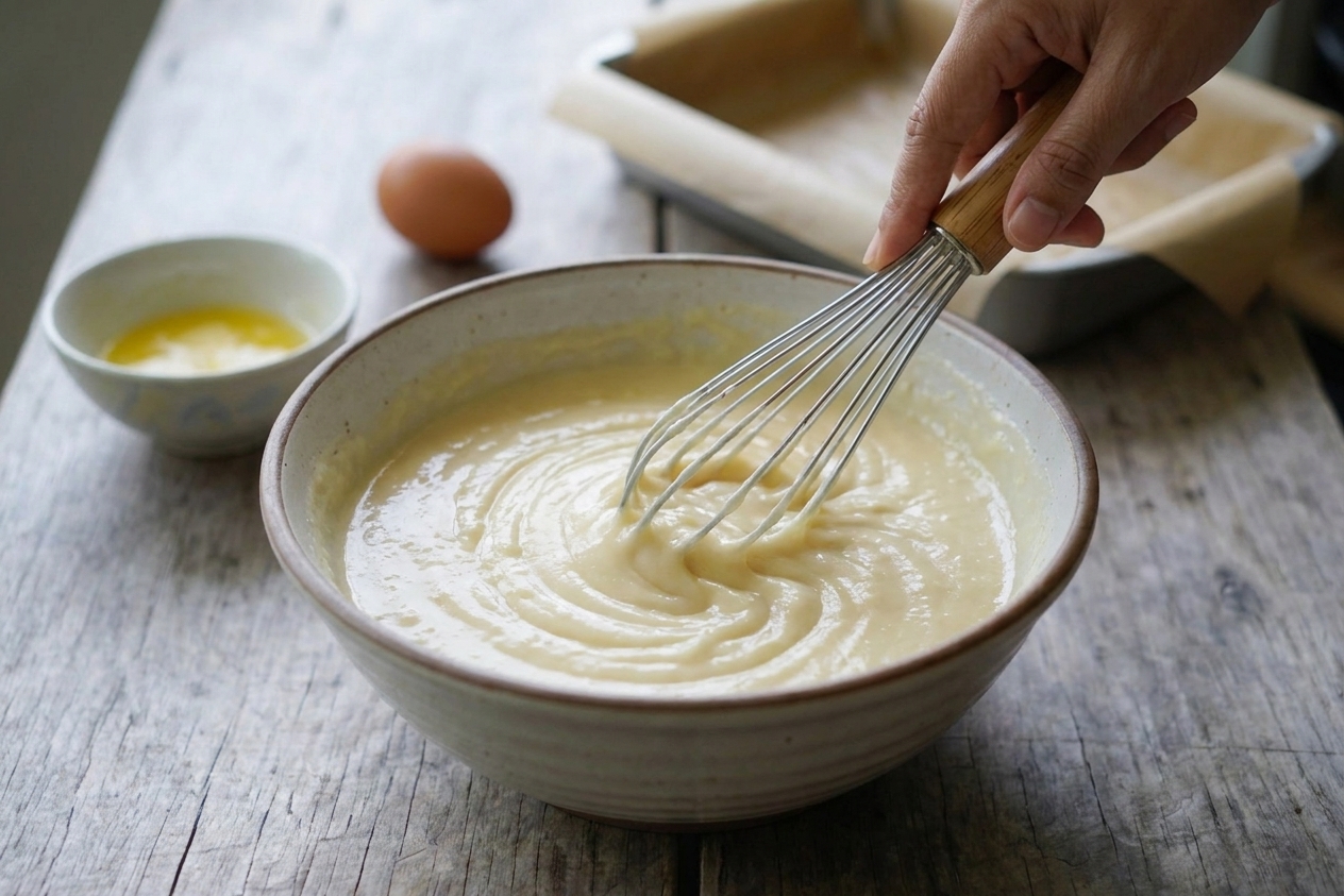 A bowl of coconut custard topping being whisked until smooth on a kitchen counter